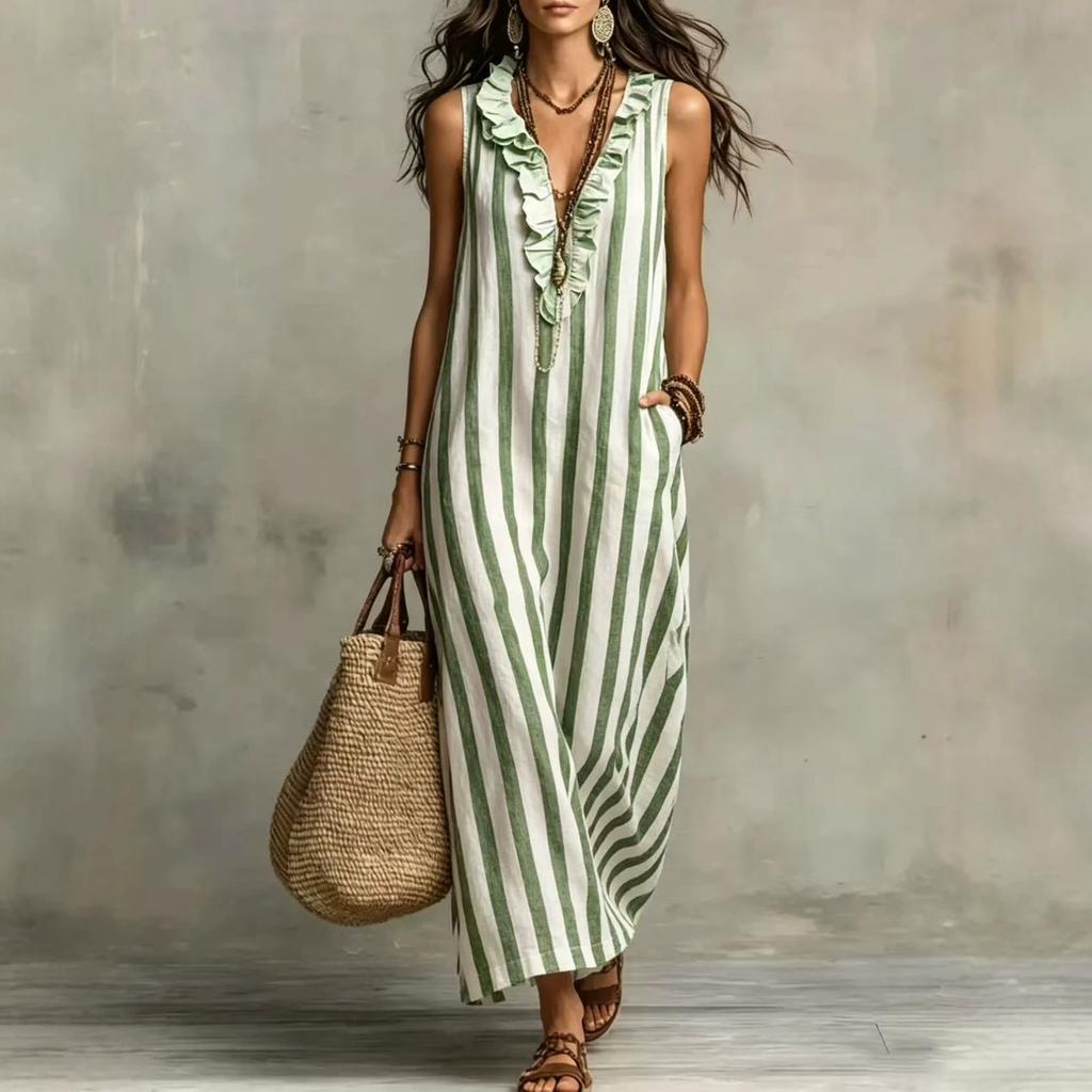 European and American cross-border women's clothing Amazon 2026 new bohemian temperament vertical striped V-neck pocket sleeveless long dress