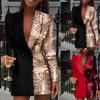 Frauen Kleid Tiefer V-Ausschnitt Pailletten Herbst Winter Sexy Kontrastfarbe Arbeit