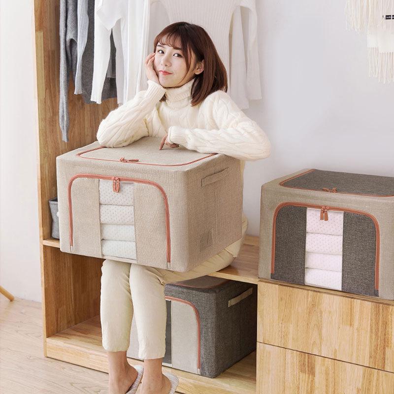 Large Capacity Foldable Storage Box, Cotton Linen Organizer with Steel Frame for Home Quilts and Clothes