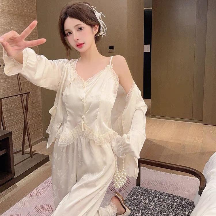 New Ice Silk Pajamas for Women with Chest Pads, National Style Jacquard Suspenders, Three-piece Set of Pure Desire Silk Loungewear