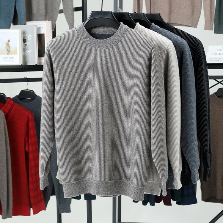 2025 Winter Men's Plus Velvet Round Neck Sweater: Casual, Simple, Warm Knitwear for Middle-Aged Comfort