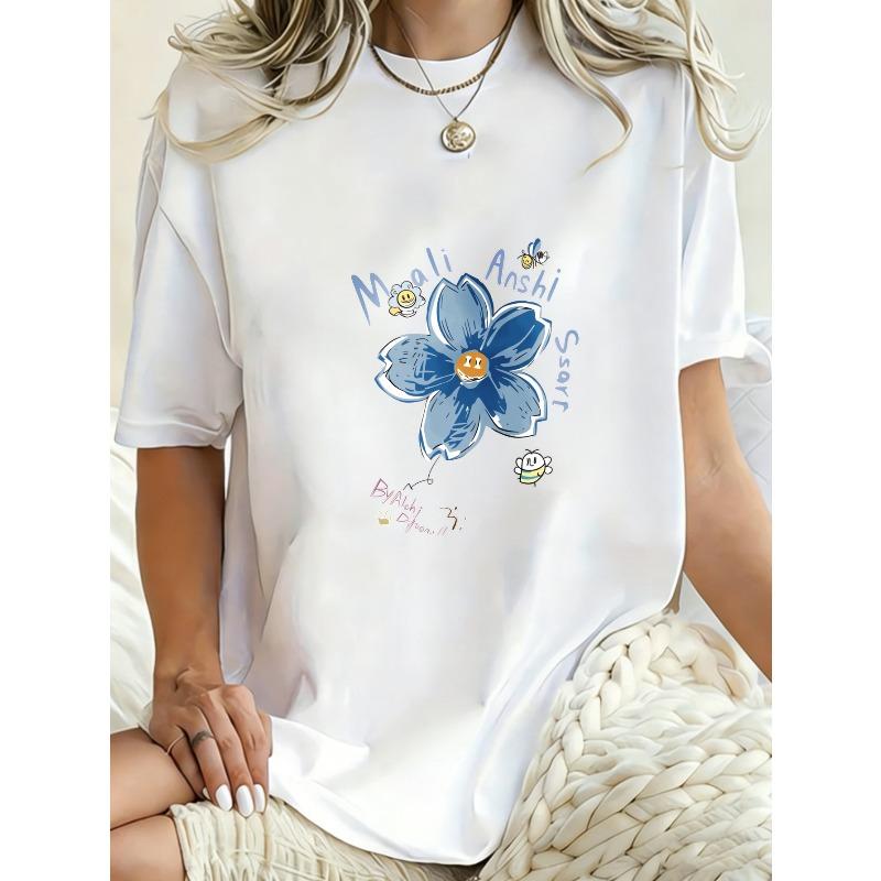 Oversized T Shirt Dress Black Blue Flower And Text Print Casual Streetwear For Women