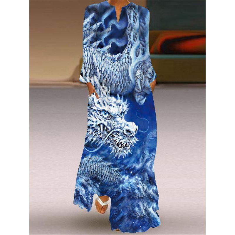 Long Sleeve Dress Good Luck Koi Pattern Print Dress Stage Show Performance Wear Travel Photography Clothes