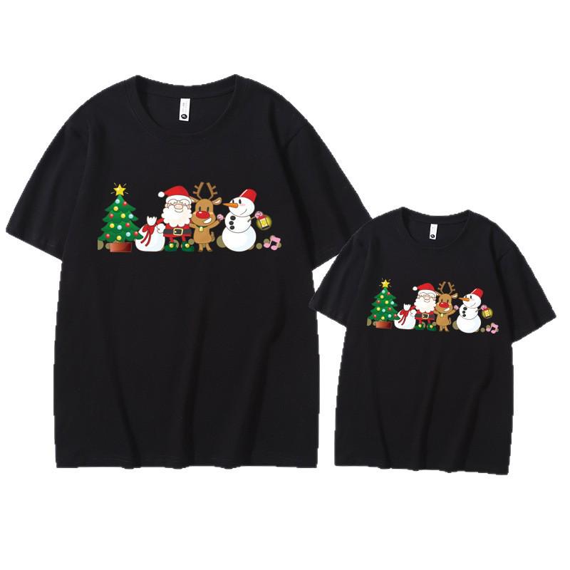 Family Christmas Reindeer T-Shirt Set: New Year Parent-Child Santa Claus Outfit for 3-4 Members, Mother-Daughter Short Sleeve.