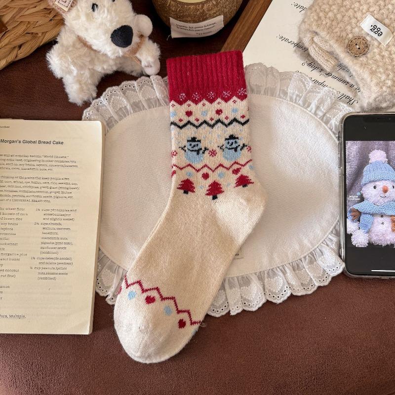 Warm, Soft and Lazy Wool Socks, Female Snowman, Christmas Tree, Thickened and Warm Cashmere Mid-calf Socks for Autumn and Winter