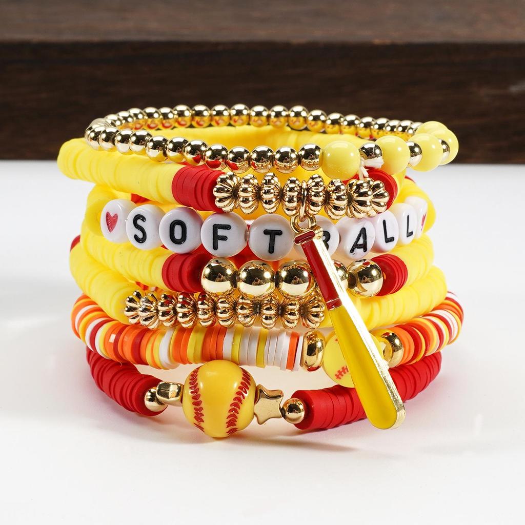 Colorful Letter Polymer Clay Softball Bracelet Set - Fashion Jewelry Gift