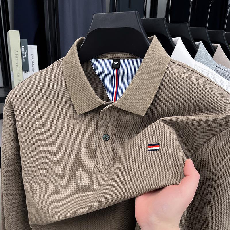 Men's Pure Cotton Embroidered Long-Sleeve Polo Shirt - Business Casual, Solid Color, Versatile for Spring and Autumn