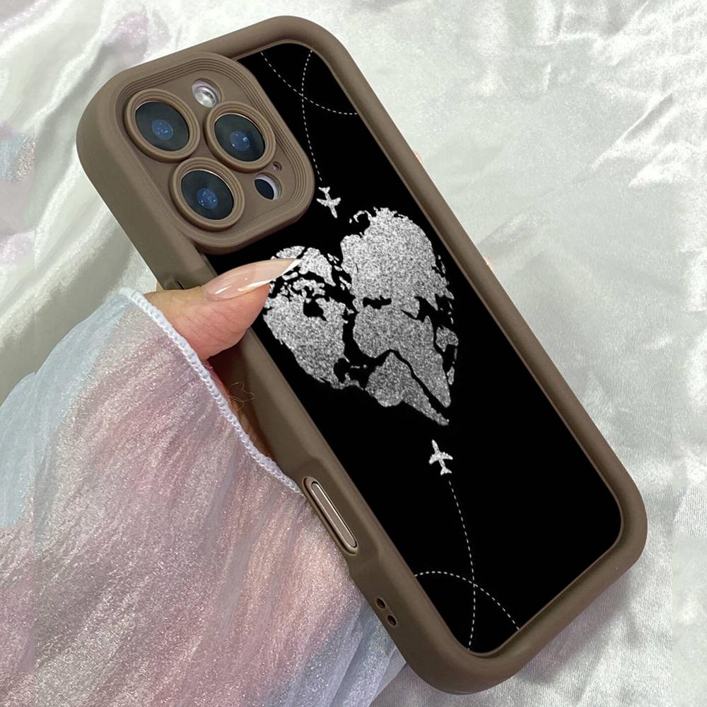 JT571 White & Black Heart World Map for iPhone 17 16 15 14 13 12 Pro Max Samsung S26 S25 Ultra A17 A07 A56 A16 A15 Xiaomi 15T Redmi 15c 14C Soft Case