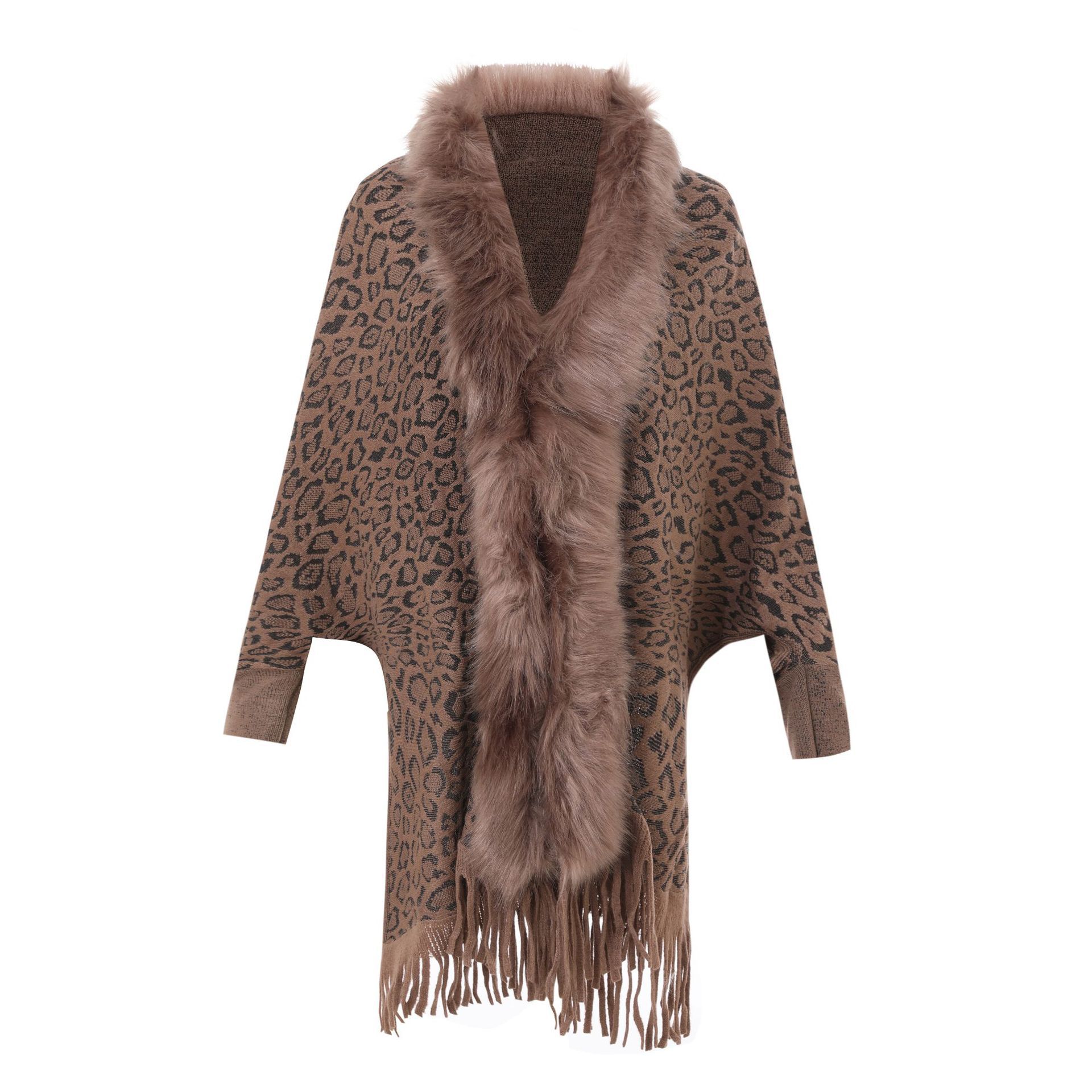 

Женские вязаные накидки и пончо Осенняя одежда Зимнее теплое пальто Куртка Корейская мода Женские базовые топы с леопардовым принтом One Size хаки