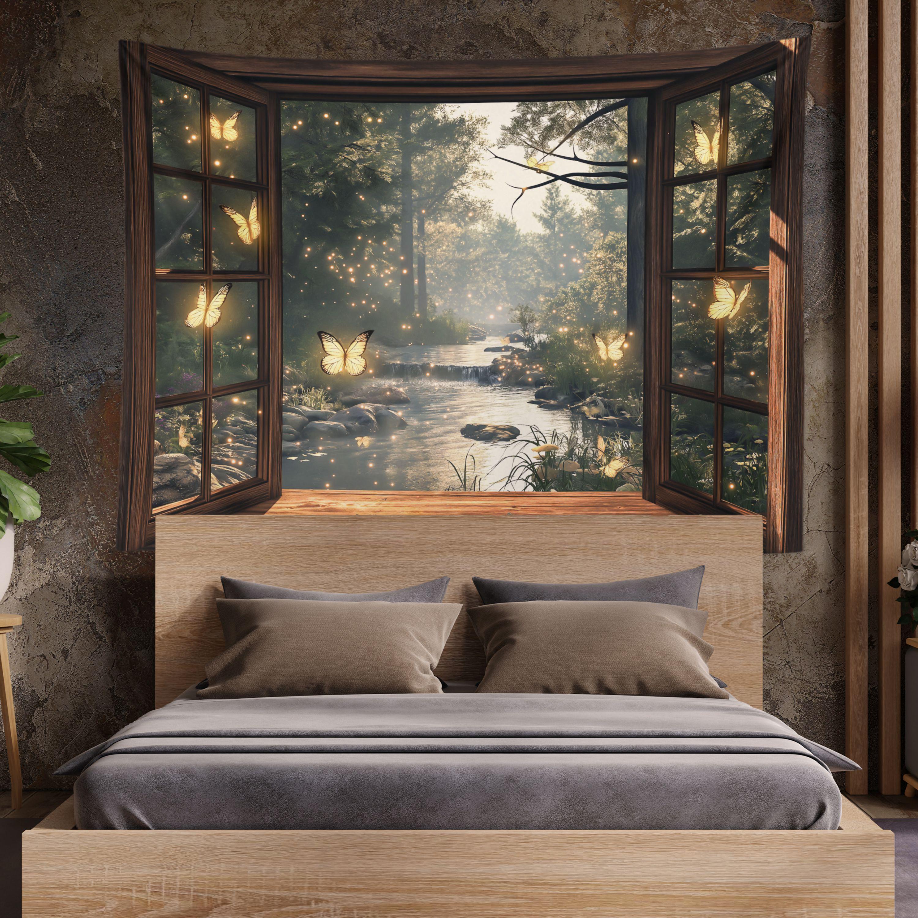 

1pc Magical Firefly Tapestry Window River Forest 2D Print Decor Polyester Material AllSeason for Bedroom Living Room Wall 74x94cm(29x37in)