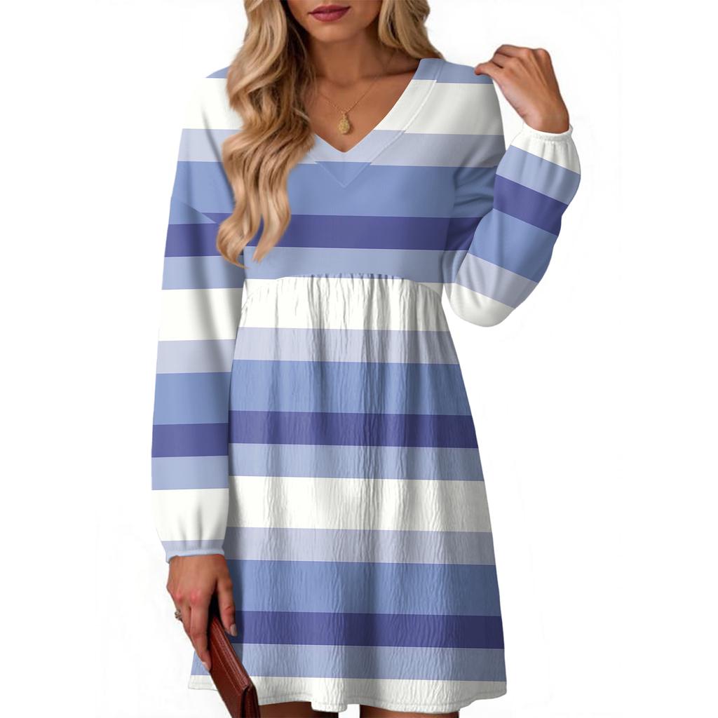 Women's Fashion Striped V-Neck Long Sleeve Dress
