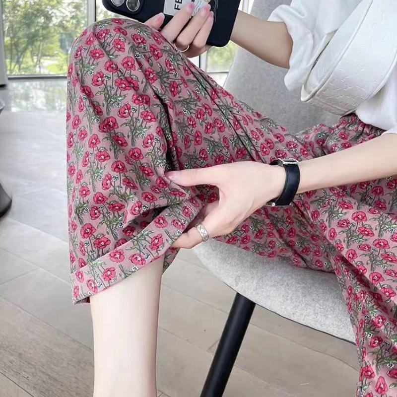 Summer Thin Floral Pants High Waist Loose Nine - Tenths Slimming Casual Wide Leg Straight Beach Pants for Outwear