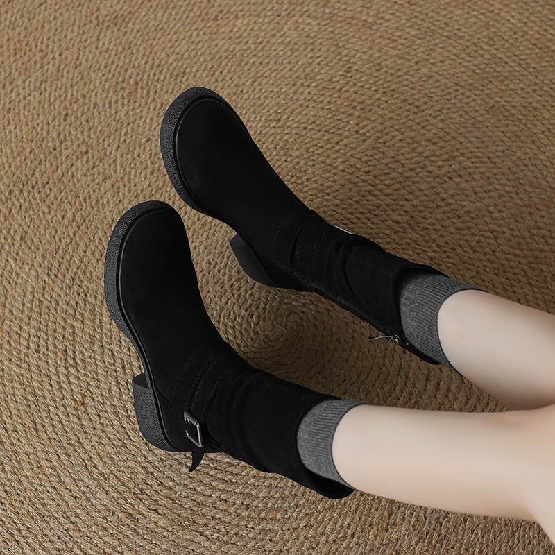 Krazing Pot Cow Suede Nubuck Pleated Decoration Autumn Winter Shoes Chunky Heels Size 43 Size 42 Round Toe Zipper Retro Fashion Mid-calf Boots