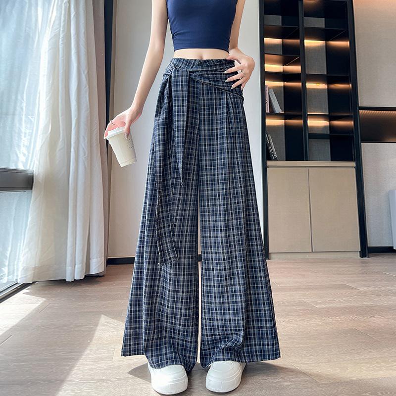 Plaid Strappy High-Waisted Wide-Leg Pants - Women's Korean Style Casual Long Pants