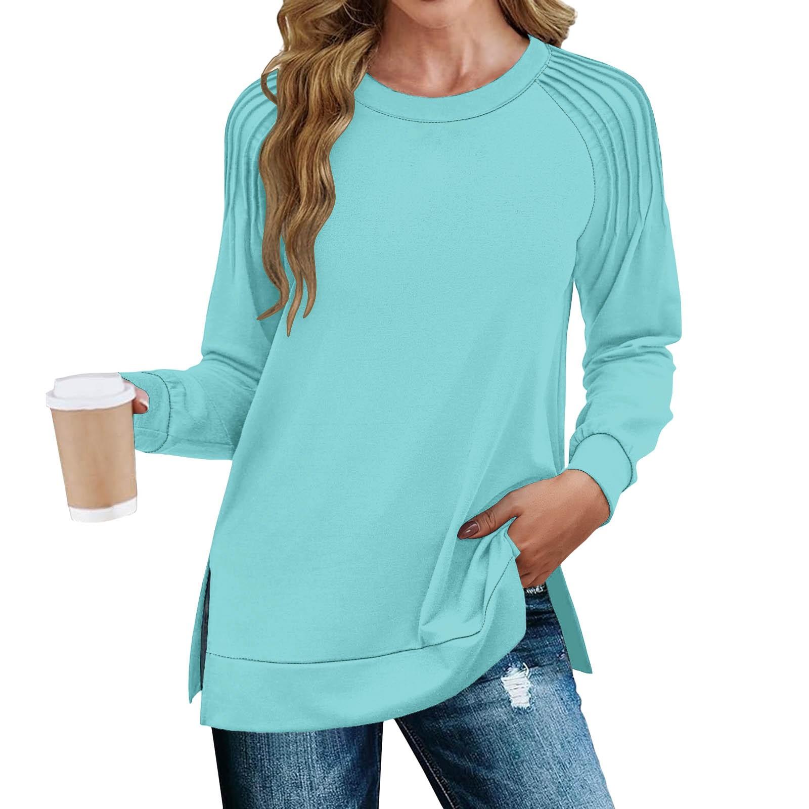 

Женская мода повседневная однотонная плиссированная кромка с разрезом свободного кроя осенняя толстовка с длинным рукавом XL небесно-голубой