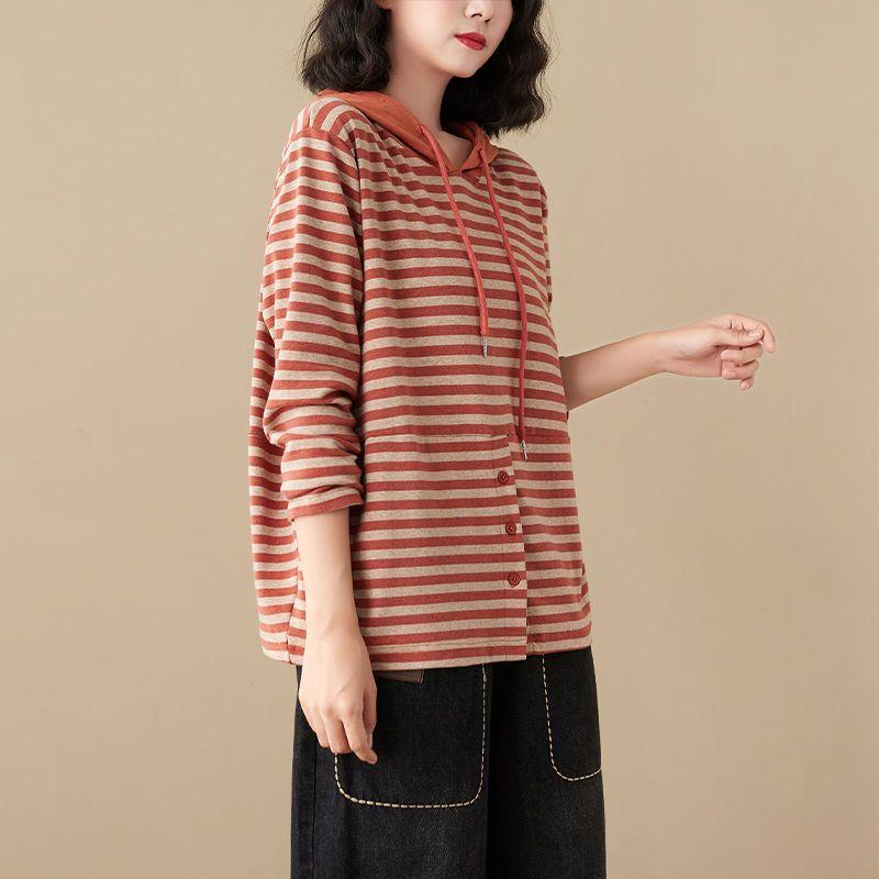 Cotton Striped Casual Hooded Sweatshirt for Women Spring and Autumn New Style Loose Simple Temperament Fashion Top