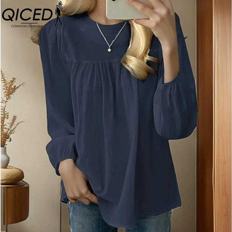 

QICED Жіночі модні повсякденні одноколірні блузки та сорочки з довгим рукавом і круглим вирізом XXXXXL темно-синього кольору