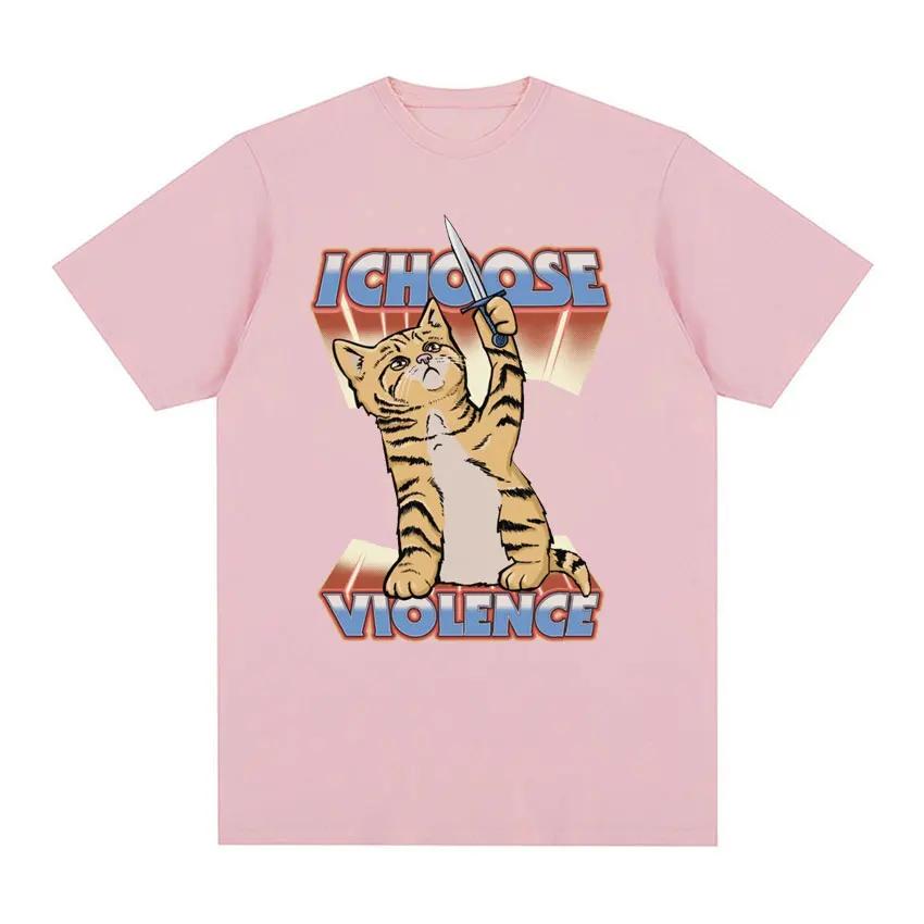 Funny I Choose Violence Vintage Cat Meme T-shirts Women's Men Fashion Trend Y2k T-shirt Casual Cotton Short Sleeve T Shirts Tops
