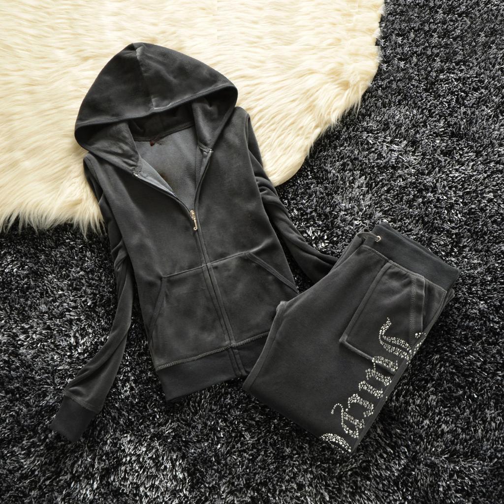 2 Pieces of Women's Outfit Fall Winter Women's Tracksuit Crystal Hoodies and Pant Sets Y2K Velvet Tracksuit