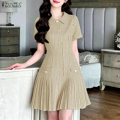 Vestido informal de mujer con cuello vuelto y manga corta a rayas
