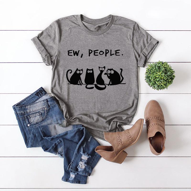 Mew People Cotton T-Shirt Short Sleeve Round Neck Women 2d Print Tops