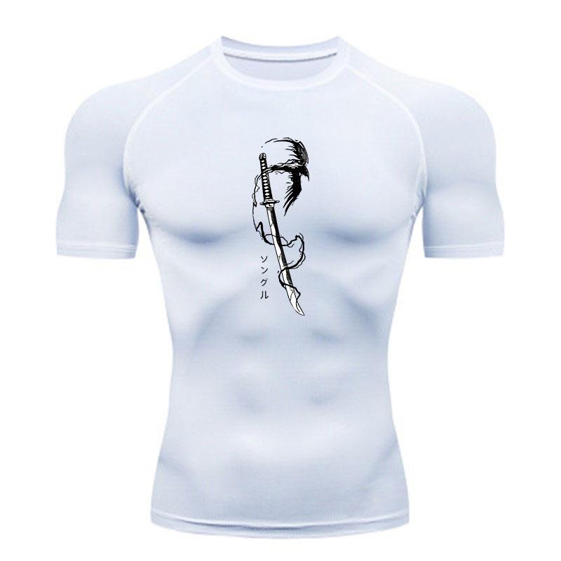 Men's Quick Dry Compression Workout T Shirt, Anime Samurai Katana Printed Athletic Undershirt for Running Training Gym F