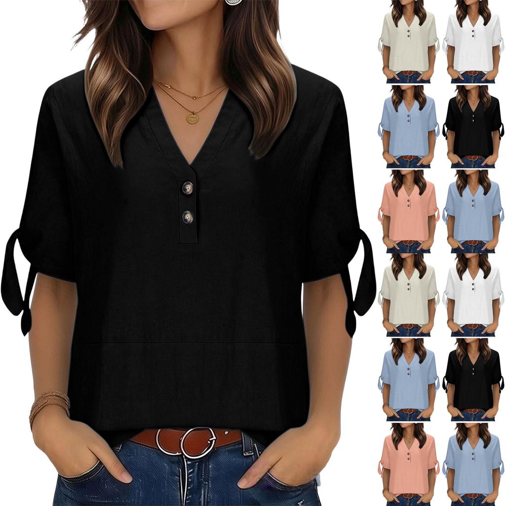 Womens V Neck Short Sleeve Blouse with Button and Tie Sleeve Casual Loose Fit Top for Daily Wear Office School