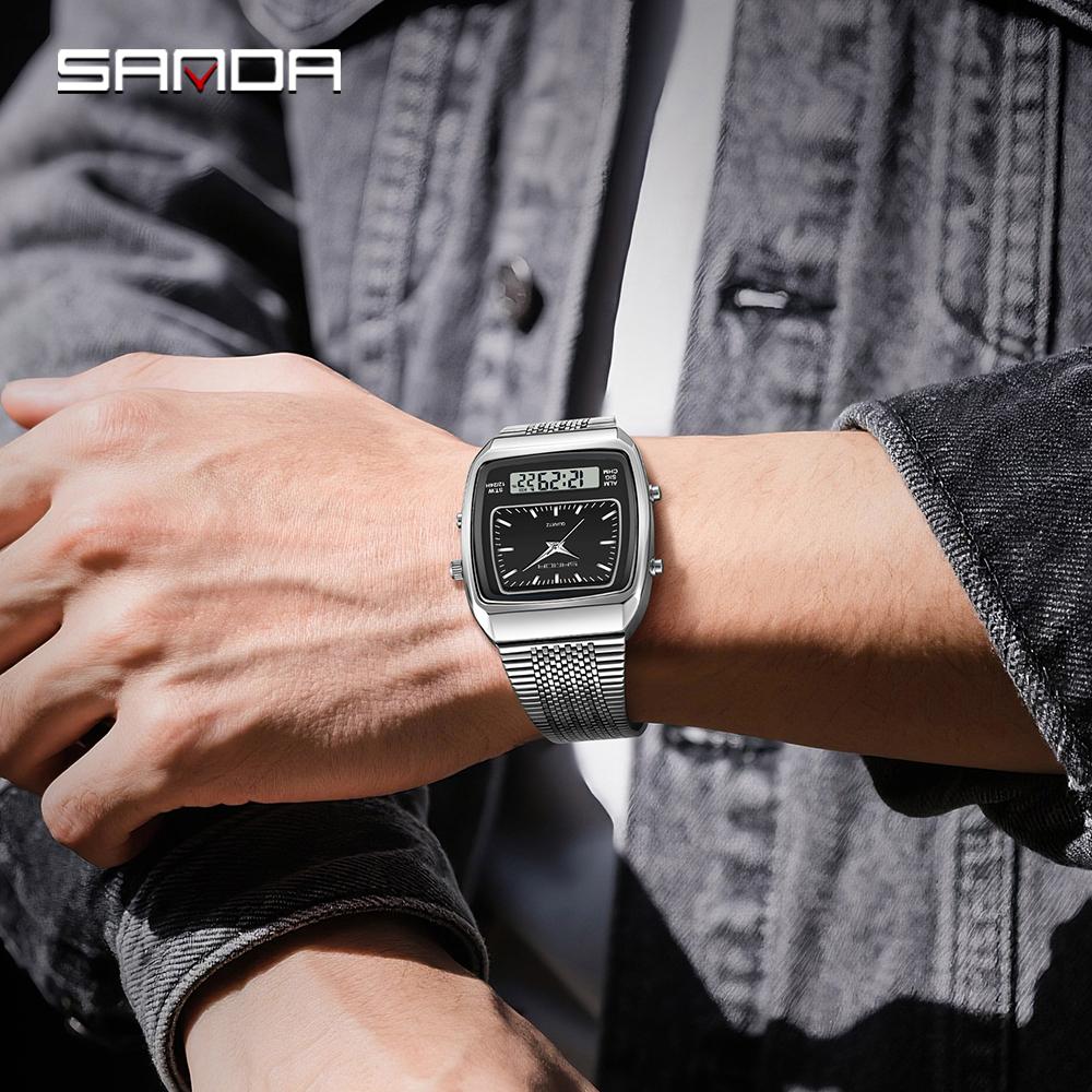Fashion Sanda 3393 Electronic Quartz Watch Multifunction Dual Display Clock Luminous Casual Mens Women Unisex Time Digital Watch