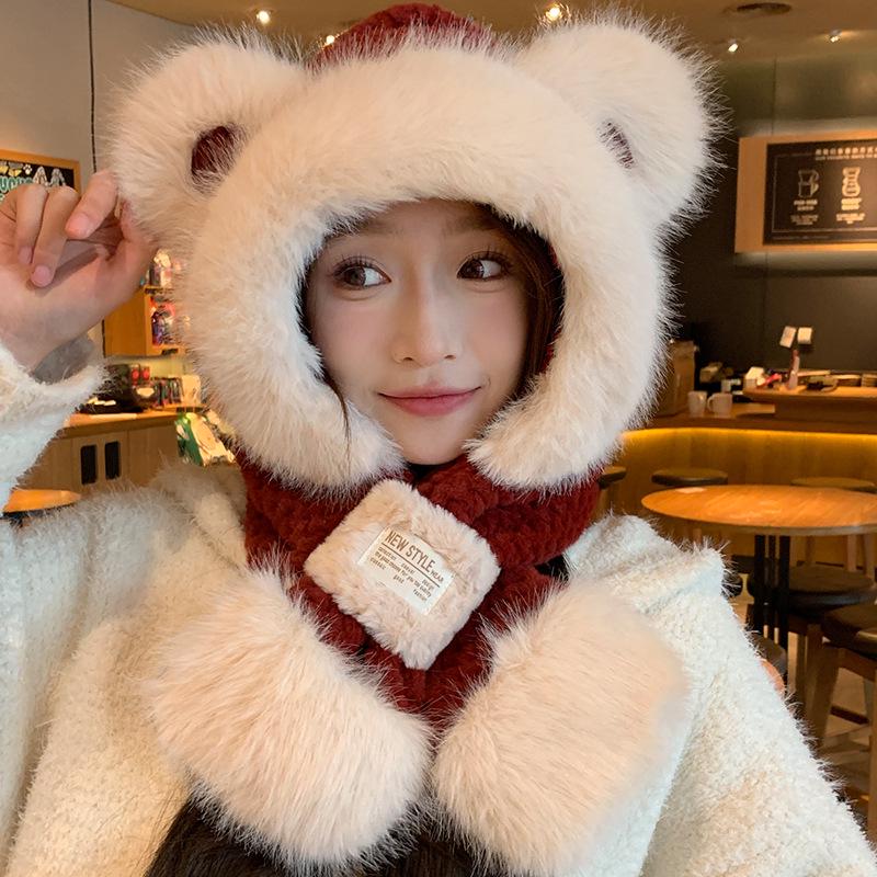 Women's Cozy Fluffy Teddy Bear Hat and Scarf One-Piece with Ear Protection