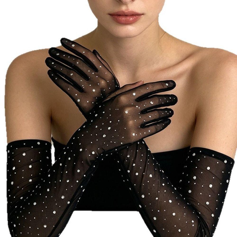 Black White Mesh Gloves Stretchy Bride Gloves Retro Stocking Gloves  Halloween Costume