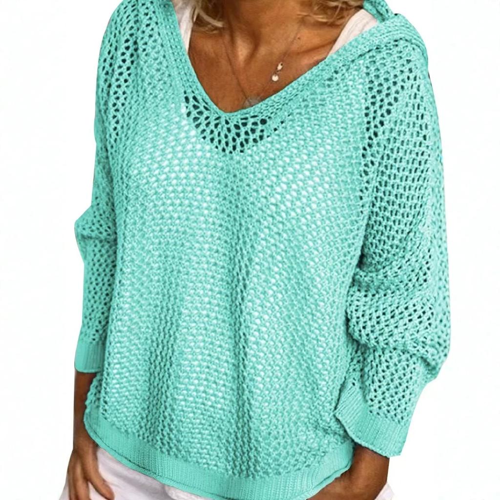 Women's Light Gray Hooded Knitted Sweater with Hollow Weave V Neck, Multiple Colors