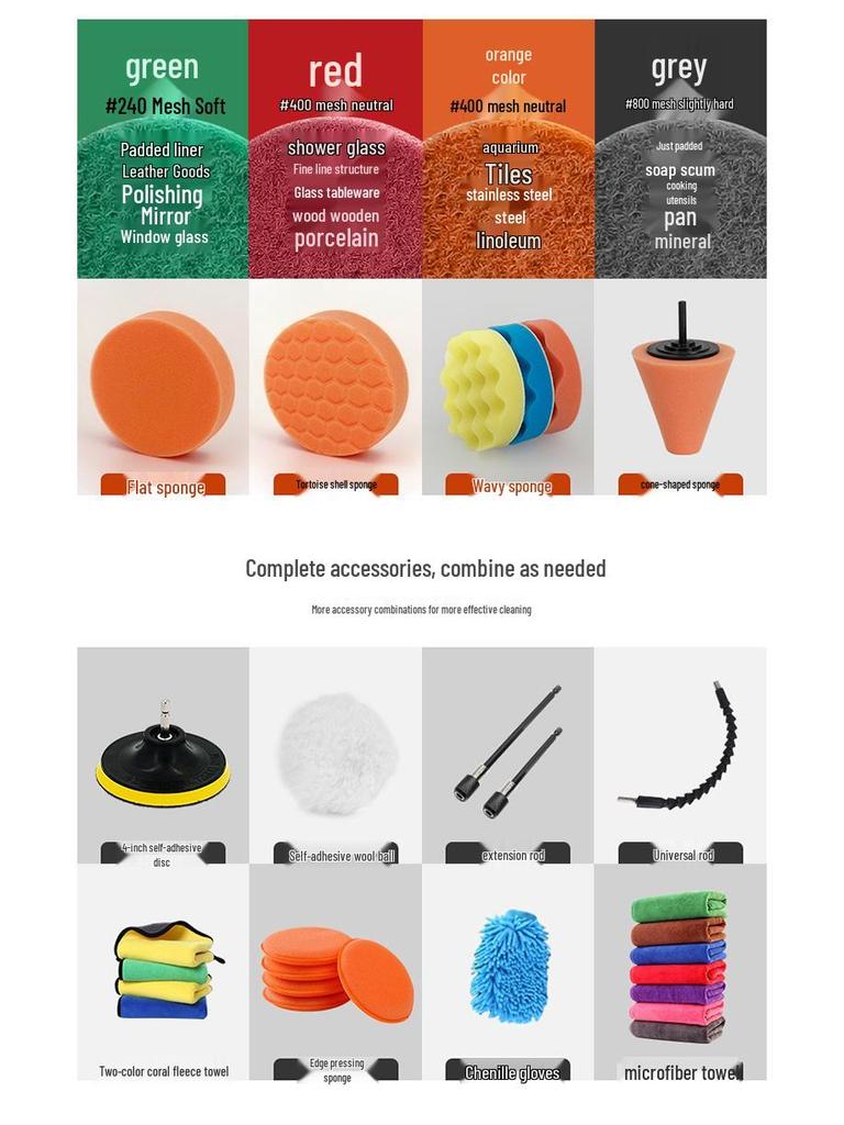 Car Cleaning Kit: 17-Piece Set with Drill Brush, Wheel Brush, Crevice Brush, Sponge, Glove for Interior & Exterior.