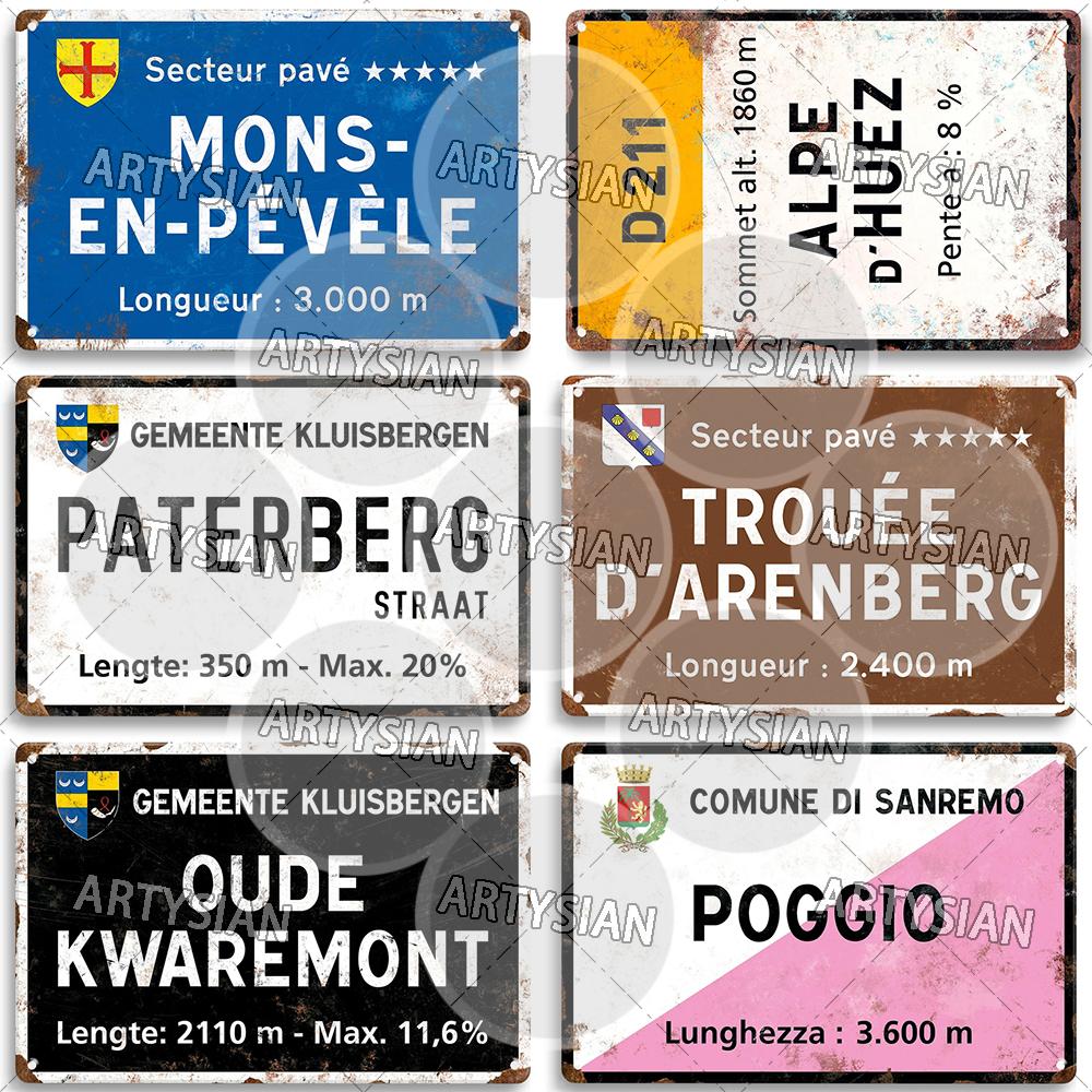 Tour de France Radrennen Radfahren Wahrzeichen Metallplakette Verkehrsschilder Österreich Italien Alpe d Huez Alto de L Angliru Poggio