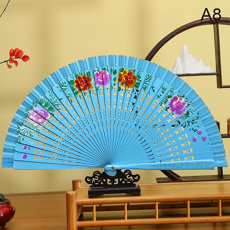 1Pc Chinese Style Double-Sided Folding Fan Hollow Double-sided Craft Gift Dancing Printing Wood Spanish Hand Fan Party Supplies