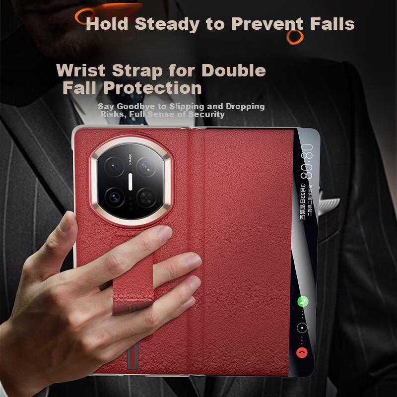 Pipike Wristband Drop-Resistant Genuine Leather Full-Cover Flip Case for Huawei Mate X7 Foldable Screen, Magnetic Obsidian Black Protective Cover
