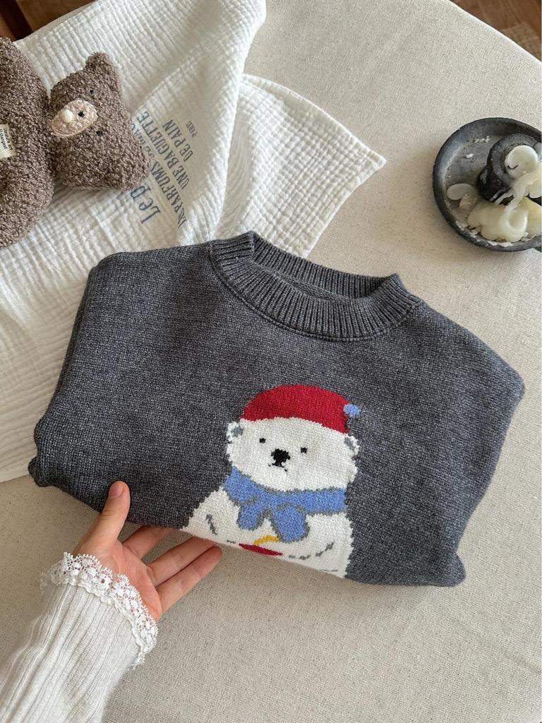 Kids' Cute Polar Bear Cartoon Sweater - Autumn 2025 Korean Style for Boys & Girls