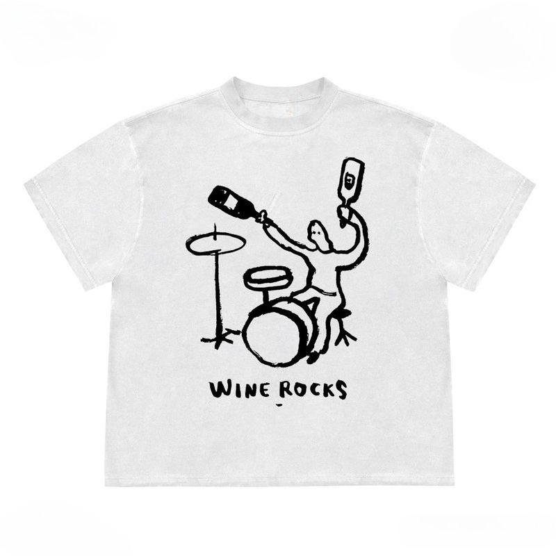 

Creative WINE ROCKS Printed Pure Cotton T-shirt Men and Women with The Same Round Neck CottonShort-sleeved T-shirt Funny Clothes S