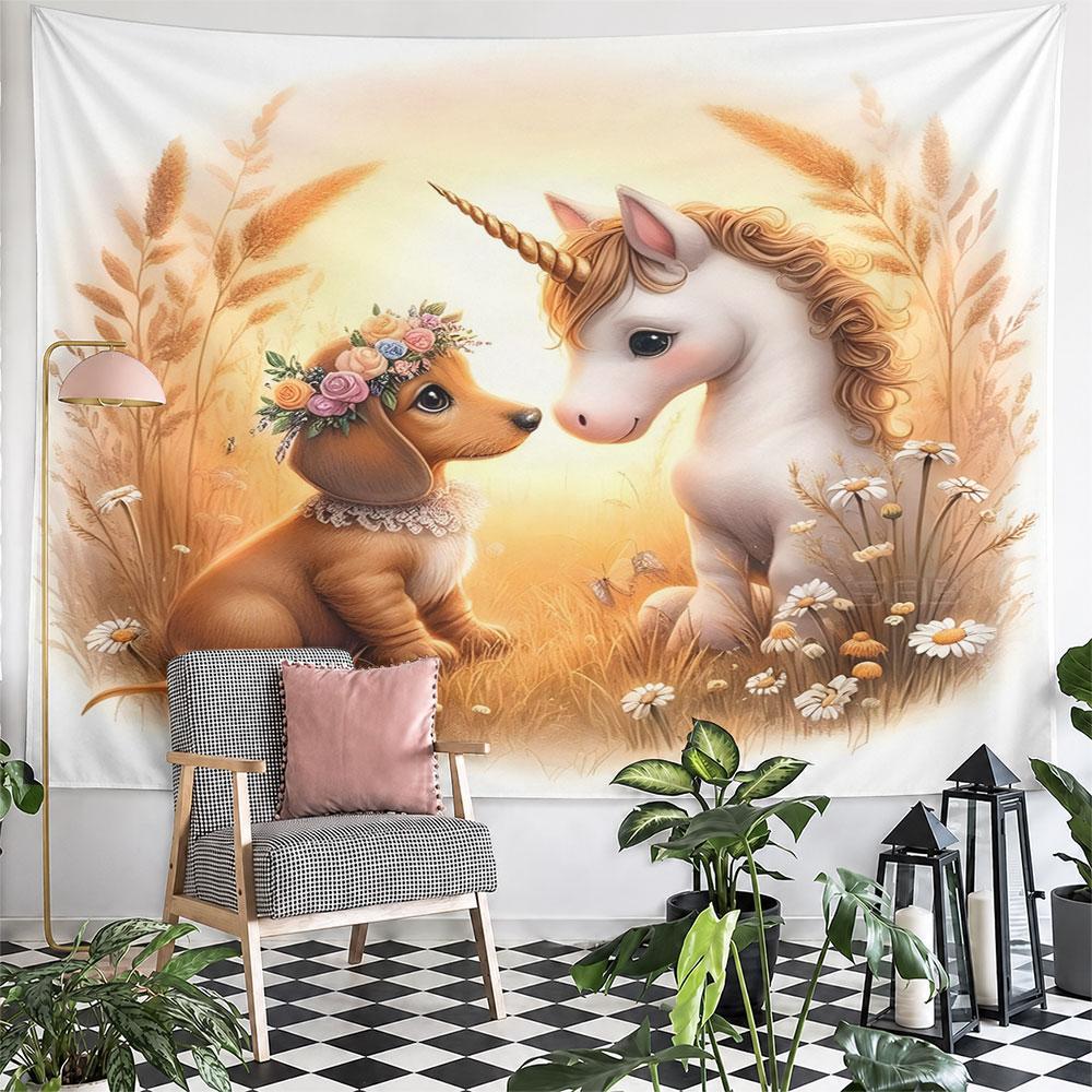 "Unicorn and Puppy In Floral Meadow" Pattern Wall Hanging Tapestry Decorative Tapestry Home Decor for Bedroom and Living Room