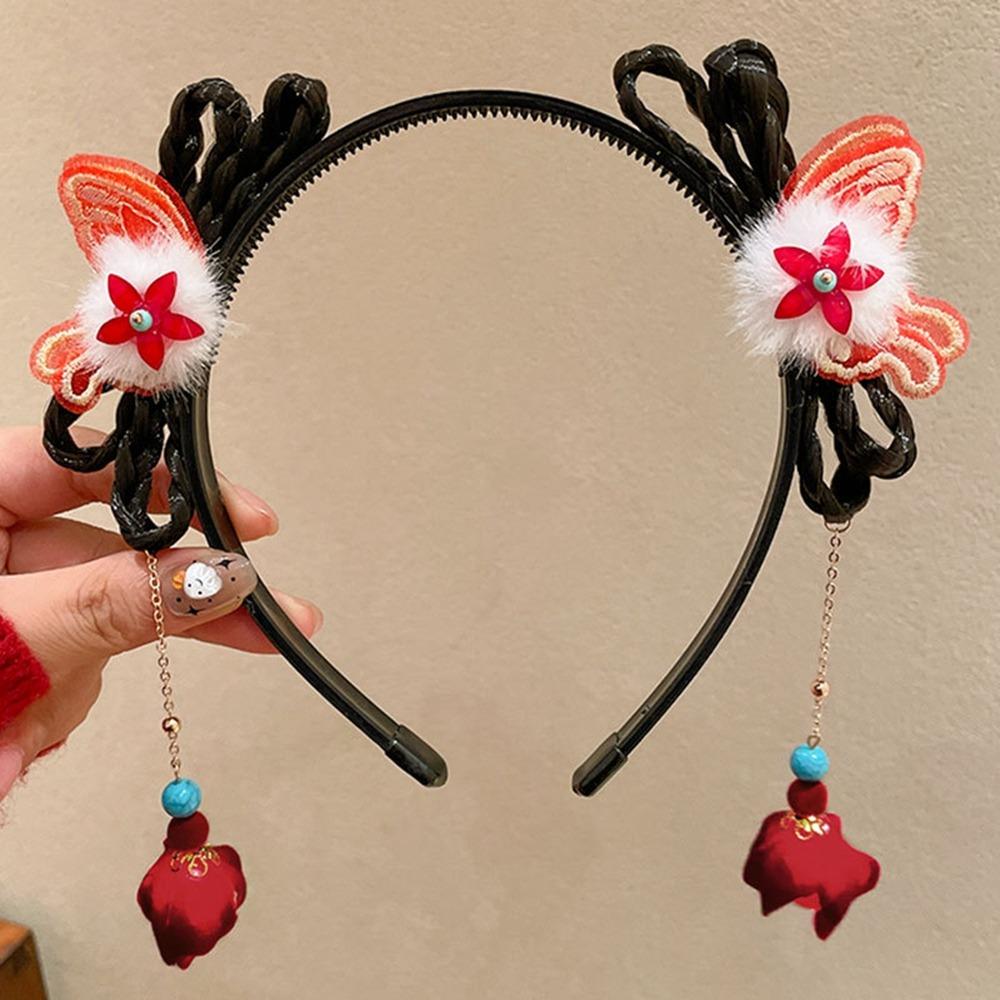 Braid Hair Children Wig Headband Flower Red Bow Hairband Simple Hanfu Hair Sticks  Baby