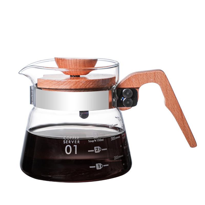 Blown thickened glass coffee pot, set rubber wood handle sharing pot coffee cup
