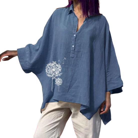 Women Shirt Lapel Buttons Half Placket Batwing Long Sleeve Shirt Tops Loose Fit A-Line Dandelion Print Casual Tops XL