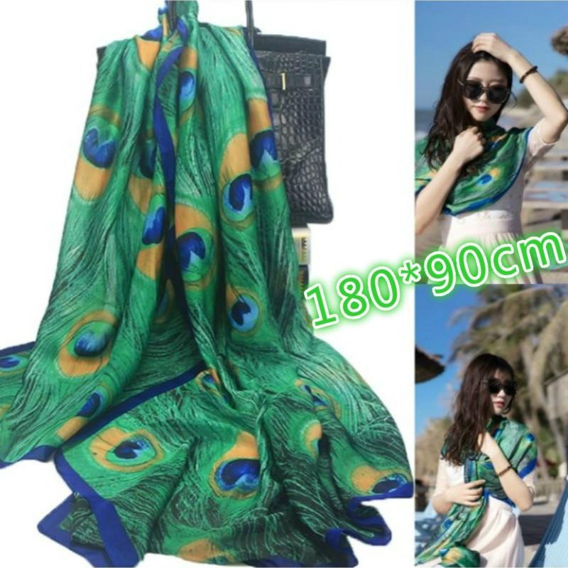 

Women Fashion Green Peacock Design Scarf Silk Shawl Scarf Beachwear Women Wrap Caps 180*90cm LS