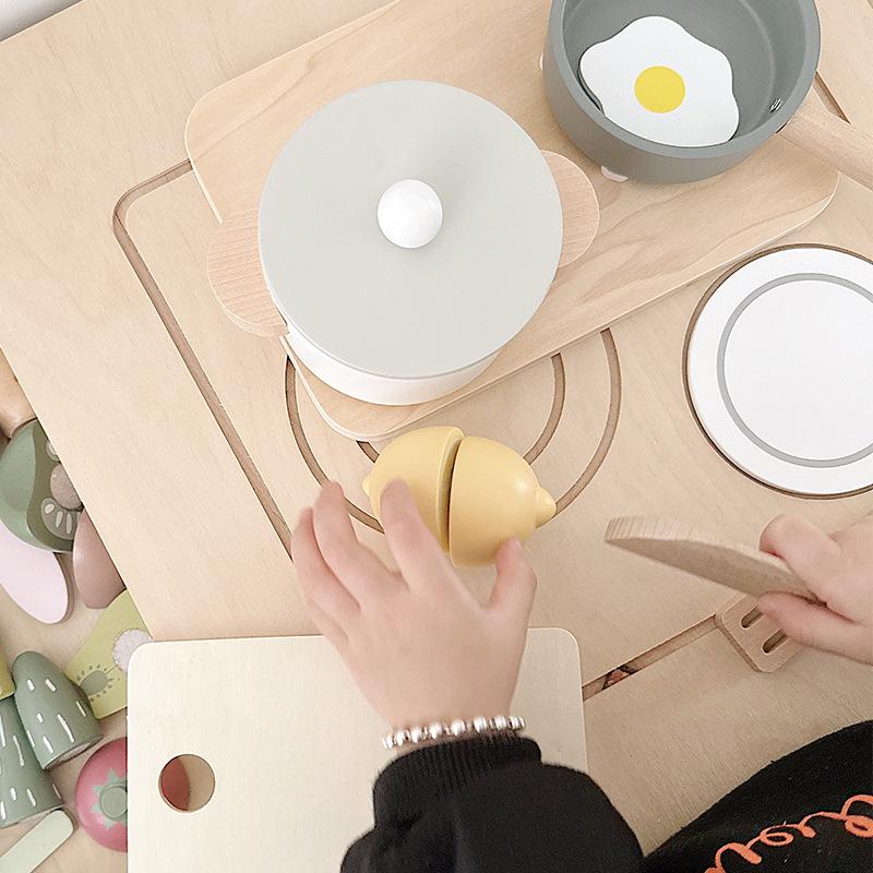 Nordic Kids' Wooden Play Kitchen Set: Fruits, Vegetables & Cooking Tools