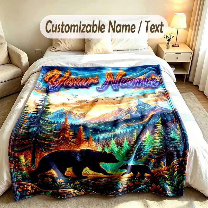 Bear Panda Theme Soft Blanket Personalized Custom Name Text Print Warm Blanket Home Sofa Bedroom Decor