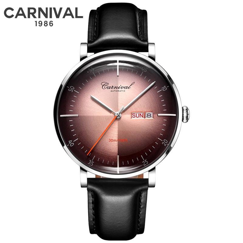 Carnival Marke 3D Gewölbtes Zifferblatt Luxus Automatikuhr für Mann Leder Wochentag Datum MIYOTA Mechanische Uhr Sport-Armbanduhr Männlich
