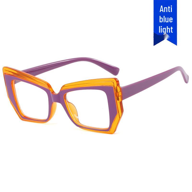 Retro Color-blocking Cat-eye Polygon Anti-Blue Light Women's Eyeglass Frame with Flat Lenses
