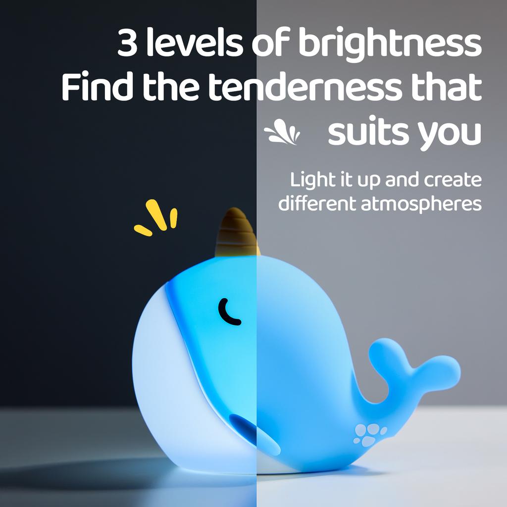 Novelty Narwhal Night Light Silicone Whale Nursery Lamp with 3 Dimming Levels Timing Touch Control Nightlight for Bedroom Decor