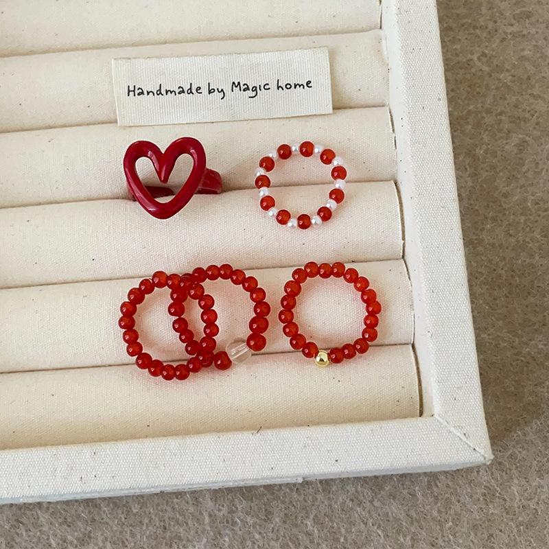 Red Dripping Oil Love Beaded Elastic Rope Ring Female Retro Personality Fashion Commuting Simple Versatile Ring Ring