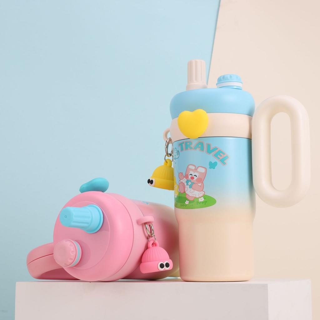 High value cartoon cute fun straw cup double layer 316 stainless steel thermal insulation water cup household handle coffee cup