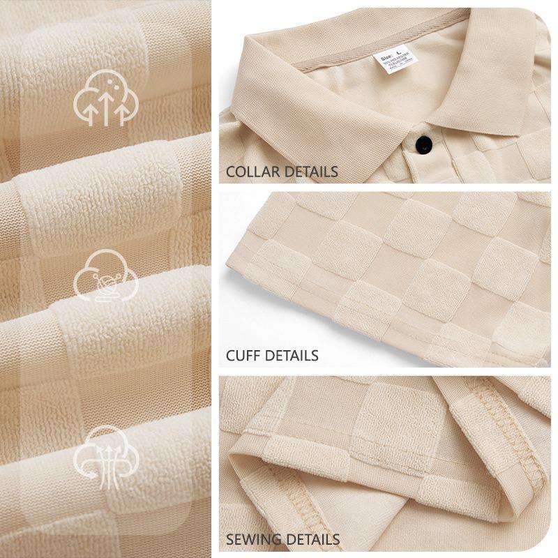 Mens Casual Check Jacquard Short Sleeve Collared Polo Shirt Breathable Loose Summer T-Shirt